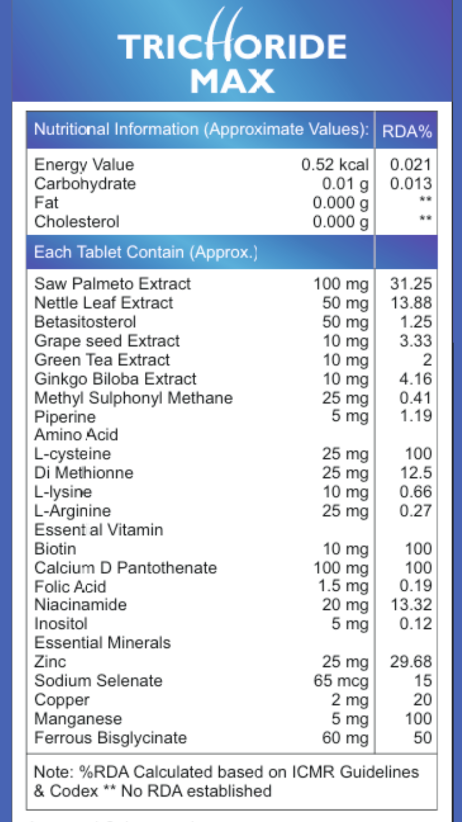 Trichoride Max Tablets (Biotin/Multi-Vitamins/Minerals/Amino Acids/Natural Seeds Extracts)